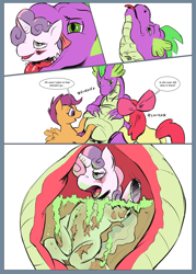 Size: 3000x4200 | Tagged: grimdark, questionable, artist:shattersilver, apple bloom, scootaloo, spike, sweetie belle, comic:dragon bonding, abuse, blushing, colored, comic, cutie mark crusaders, digestion, dragon, dragons eating horses, earth pony, eaten alive, face imprint, feathered wings, female, fetish, filly, filly prey, foal, foalcon, g4, horn, imminent death, imported from derpibooru, internal, irrational exuberance, male pred, masturbating in stomach, masturbation, one last thrill, pegasus, pony, smiling, spipred, spread wings, spyro the dragon, spyro the dragon (series), stomach acid, stomach noise, swallowed alive, sweetiebuse, sweetieprey, unicorn, vore, willing prey, willing vore, wings