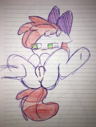 Size: 2774x3646 | Tagged: explicit, artist:19itsme87, apple bloom, blushing, bow, colored lineart, earth pony, female, filly, foal, foalcon, g4, genitals, hair bow, imported from derpibooru, lineart, lined paper, lying down, nudity, on back, paper, pony, solo, solo female, traditional art, vulva