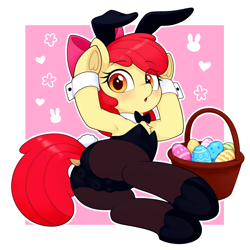 Size: 2816x2816 | Tagged: questionable, apple bloom, :o, ai composition, ai content, anatomically correct, anus cameltoe, armpits, basket, blushing, boots, bow, bowtie, bunny ears, bunny suit, bunny tail, butt, cameltoe, chest fluff, clothes, crotchboobs, delicious flat crotch, detached collar, dock, earth pony, easter, easter 2025, easter basket, easter egg, egg, female, filly, flower, foal, foalcon, frog (hoof), g4, hair bow, heart, holiday, imported from derpibooru, legwear, leotard, looking at you, lying down, on side, open mouth, outline, pantyhose, passepartout, plot, pony, rabbit pose, shoes, solo, solo female, tail, teats, thigh highs, underhoof, vulva outline, white outline, wrist cuffs