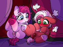 Size: 3810x2880 | Tagged: explicit, artist:gluttonace, oc, anatomically correct, anus, belly, belly button, blushing, butt, clitoris, duo, duo female, female, filly, foal, foalcon, genitals, heart, heart eyes, hooves to the chest, imported from derpibooru, indoors, lying down, nudity, oc only, on back, pegasus, plot, pony, siblings, sisters, spread legs, spreading, twins, vulva, vulvar winking, wingding eyes