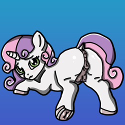 Size: 1024x1024 | Tagged: explicit, artist:background_pon3, sweetie belle, anatomically correct, anus, blushing, butt, clitoris, crotchboobs, cute, cute porn, dark crotchboobs, dark genitals, dock, embarrassed, female, filly, foal, foalcon, g4, genitals, gradient background, hooves, horn, imported from derpibooru, looking at you, looking back, looking back at you, nipples, nudity, plot, pony, shading, solo, solo female, sweetie butt, tail, teats, unicorn, unsure, vulva