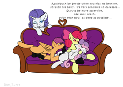 Size: 1754x1240 | Tagged: explicit, artist:bun_burst, apple bloom, rarity, scootaloo, sweetie belle, anal hoofing, applebuck, colt, colt on colt, couch, cutie mark crusaders, dark genitals, earth pony, elusive, female, foal, foalcon, g4, gay, genitals, group, group sex, hoofing partner, horn, imported from derpibooru, kiss on the lips, kissing, lesbian, licking, licking cock, male, not foalcon, nudity, oral, pegasus, penis, polyamory, pony, rule 63, scooteroll, sex, ship:sweetiebloomaloo, shipping, silver bell, simple background, threesome, tongue out, unicorn, white background