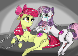 Size: 3795x2722 | Tagged: explicit, grimdark, artist:potatos, apple bloom, sweetie belle, blood, butt, chained, chains, clitoris, crying, dock, duo, duo female, earth pony, female, filly, foal, foalcon, g4, genitals, horn, imported from derpibooru, nosebleed, nudity, plot, pony, restrained, tail, unicorn, vulva