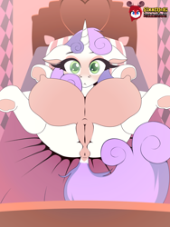 Size: 1620x2160 | Tagged: explicit, artist:fibs, sweetie belle, anatomically correct, anus, bed, big crotchboobs, busty sweetie belle, crotchboobs, dark crotchboobs, dark genitals, female, foal, foalcon, g4, genitals, horn, huge crotchboobs, imported from derpibooru, impossibly large crotchboobs, indoors, looking at you, nipples, nudity, pink crotchboobs, pink genitals, ponut, pony, solo, solo female, unicorn, vector, vulva