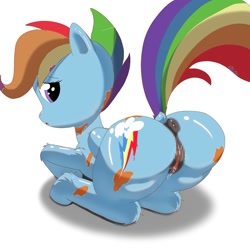 Size: 1241x1240 | Tagged: explicit, artist:franpray, rainbow dash, scootaloo, anus, bodypaint, butt, censored, female, filly, foal, foalcon, g4, genitals, imported from derpibooru, looking back, lying down, nudity, paint, pegasus, plot, ponut, pony, presenting, prone, raised tail, simple background, solo, solo female, tail, vaginal secretions, vulva, white background