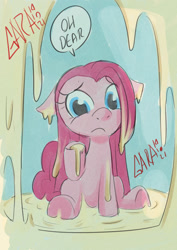 Size: 1212x1711 | Tagged: explicit, artist:garabatoz, pinkie pie, 2021, covered in cum, cum, cum everywhere, cum jar, dialogue, earth pony, female, filly, filly pinkie pie, floppy ears, foal, foalcon, frown, g4, imported from derpibooru, in jar, jar, pinkamena diane pie, pony, sad, signature, sitting, solo, solo female, speech bubble, tail, younger
