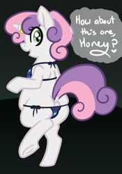 Size: 1398x2000 | Tagged: questionable, artist:vodkamewtwoni, sweetie belle, anus, anus peek, belly, bikini, bipedal, butt, chubby, clothes, dark background, dialogue, dock, fat, feedee belle, female, filly, foal, foalcon, frog (hoof), g4, horn, horn ring, implied shining armor, implied shiningbelle, implied shipping, implied straight, imported from derpibooru, looking at you, looking back, looking back at you, nudity, obese, partial nudity, plot, plump, ponut, pony, rear view, ring, solo, solo female, sweetie butt, swimsuit, tail, thick, underhoof, unicorn