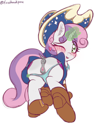 Size: 2840x3728 | Tagged: explicit, artist:frosthawkpone, sweetie belle, anatomically correct, anus, blush lines, blushing, both cutie marks, butt, clitoris, clothes, cow belle, cowboy hat, dark genitals, dock, double wink, female, filly, foal, foalcon, g4, genitals, hat, horn, imported from derpibooru, looking at you, looking back, looking back at you, magic, nudity, one eye closed, panties, panties pulled down, panty pull, plot, ponut, pony, presenting, sexy, shoes, simple background, solo, solo female, stupid sexy sweetie belle, sweetie butt, tail, telekinesis, underwear, unicorn, vulva, vulvar winking, white background, wink, winking at you