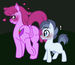 Size: 2000x1722 | Tagged: explicit, artist:vodkamewtwoni, age difference, anus, behind, berry butt, berry punch, blushing, butt, colt, crack shipping, derpibooru exclusive, dock, duo, duo male and female, earth pony, erection, exclamation point, eyes on the prize, female, foal, foalcon, frog (hoof), g4, genitals, heart, imported from derpibooru, looking back, male, mare, nudity, older female, penis, plot, ponut, pony, presenting, shady daze, ship:berrydaze, shipping, simple background, small penis, stare, straight, straight shota, tail, underhoof, vulva, younger male