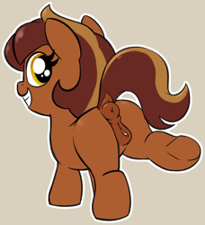 Size: 1567x1719 | Tagged: explicit, artist:heretichesh, oc, oc:garnet gold, anatomically correct, anus, cute, cute porn, dark genitals, dock, earth pony, female, filly, foal, foalcon, genitals, gray background, imported from derpibooru, looking at you, looking back, looking back at you, nudity, oc only, ocbetes, ponut, pony, raised leg, simple background, smiling, solo, solo female, standing on three hooves, tail, two toned mane, two toned tail, underhoof, vulva