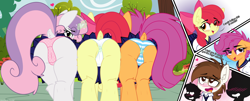 Size: 5042x2047 | Tagged: explicit, artist:sherathoz, artist:tolpain, apple bloom, scootaloo, spike, sweetie belle, apple bloom's bow, assisted exposure, bloom butt, booty mark crusaders, bow, butt, butt focus, cameltoe, clothes, collaboration, cutie mark crusaders, dialogue, dock, earth pony, female, filly, foal, foalcon, g4, group, hair bow, horn, imported from derpibooru, line-up, looking at you, looking back, looking back at you, magic, outdoors, panties, panty pull, pegasus, pipsqueak, plot, plotline, ponut peek, pony, presenting, school uniform, scootabutt, skirt, snails, sweetie butt, tail, telekinesis, underwear, unicorn, uniform, we don't normally wear clothes