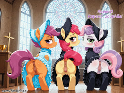 Size: 2400x1808 | Tagged: explicit, apple bloom, scootaloo, sweetie belle, adorasexy, ai composition, ai content, anatomically correct, angry, anus, beautiful, bloom butt, bonnet, booty mark crusaders, bottomless, butt, church, clitoris, clothes, crotchboobs, cute, cutie mark crusaders, dark genitals, dock, earth pony, female, fetish, filly, flirting, fluffy, foal, foalcon, g4, genitals, horn, imported from derpibooru, indoors, looking at you, looking back, looking back at you, mane, mare, nipples, nudity, partial nudity, pegasus, plot, ponut, pony, presenting, prompter:kimberlite, pubic hair, rear view, scootabutt, sexy, speech bubble, stone wall, sweetie butt, tail, tail aside, teats, text, trio, trio female, unicorn, unimpressed, varying degrees of want, vulva, wooden floor