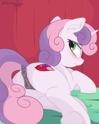 Size: 2048x2560 | Tagged: explicit, artist:parabellumpony, sweetie belle, anatomically correct, anus, blushing, butt, clitoris, dark genitals, dock, female, filly, foal, foalcon, g4, genitals, hooves, horn, imported from derpibooru, looking back, lying down, nudity, plot, ponut, pony, rear view, shy, solo, solo female, sweetie butt, tail, the cmc's cutie marks, unicorn, vulva, vulvar winking