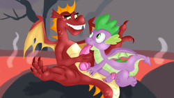 Size: 1920x1080 | Tagged: explicit, artist:jbond, spike, anus, baby, baby dragon, blowjob, claws, dragon, dragon dick, dragon lands, dragon on dragon action, duo, duo male, foalcon, g4, garble, gay, genitals, holding penis, imported from derpibooru, knot, lava, looking at each other, looking at someone, male, masturbation, nudity, oral, penis, sex, ship:sparble, shipping, spread legs, spreading, teenaged dragon, teenager, winged spike, wings