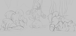Size: 4200x2000 | Tagged: explicit, artist:dtcx97, ambiguous penetration, anal, balls, bondage, colt, crackle pop, cum, cumming, dinky hooves, earth pony, equal opportunity lewd, erection, eyes closed, female, filly, foal, foalcon, g4, genitals, gritted teeth, horn, imported from derpibooru, large penetration, male, monochrome, nudity, penetration, penis, pipsqueak, sex, sketch, slime, suspended, teeth, tentacle bondage, tentacle porn, tentacles, tentacles on colt, tentacles on female, tentacles on filly, tentacles on male, trio, unicorn
