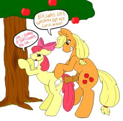 Size: 1037x1019 | Tagged: explicit, artist:delphinophile, apple bloom, applejack, apple, apple bloom's bow, apple sisters, apple tree, applecest, bedroom eyes, bipedal, bipedal leaning, blank flank, bow, cum, cum on flank, dialogue, dubious consent, duo, ears back, earth pony, erection, female, filly, foal, foalcon, futa, futa applejack, futa on female, futa on filly, g4, genitals, grin, hair bow, hatless, horsecock, imported from derpibooru, incest, intersex, leaning, lesbian, looking back, medial ring, missing accessory, nudity, open mouth, outdoors, penis, pony, ship:bloomjack, shipping, siblings, simple background, sisters, smiling, speech bubble, trans female, transgender, tree, white background