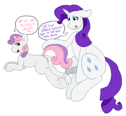 Size: 1633x1517 | Tagged: explicit, artist:delphinophile, rarity, sweetie belle, age difference, anus, butt, cum, cum on hooves, dialogue, dubious consent, duo, ears back, female, filly, foal, foalcon, futa, futa on female, futa on filly, futa rarity, g4, genitals, horn, horsecock, imported from derpibooru, incest, intersex, lesbian, medial ring, nudity, oblivious, open mouth, penis, plot, pony, raricest, ship:raribelle, shipping, siblings, simple background, sisters, speech bubble, sweat, tail, tongue out, trans female, transgender, underhoof, unicorn, vulva, white background