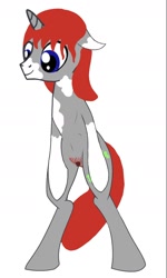 Size: 1038x1726 | Tagged: explicit, artist:kingofmlp, oc, oc:lmoney, 1000 hours in ms paint, bipedal, colt, cute, foal, foalcon, g4, gray coat, horn, imported from derpibooru, male, nudity, oc only, parent:princess celestia, pony, pubic hair, royalty, sheath, simple background, smiling, solo, standing, unicorn, vitiligo, white background