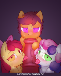 Size: 1801x2225 | Tagged: explicit, artist:inkyshadow, apple bloom, scootaloo, sweetie belle, apple bloom's bow, big penis, blowjob, blushing, bow, cutie mark crusaders, erection, female, filly, foal, foalcon, g4, genitals, group sex, hair bow, heart, heart eyes, horn, horsecock, imported from derpibooru, just the tip, licking, licking cock, looking at you, male, male pov, multiple blowjob, nudity, offscreen character, offscreen male, oral, pegasus, penis, pony, pov, sex, simple background, sweat, sweatdrop, teasing, tip tease, tongue out, triple blowjob, unicorn, vein, veiny cock, wingding eyes