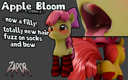 Size: 1202x762 | Tagged: explicit, artist:zapor, apple bloom, 3d, 3d model, anus, apple bloom's bow, blender, blender cycles, blender eevee, bow, butt, clothes, download, download at source, downloadable, downloadable content, earth pony, female, filly, foal, foalcon, g4, g4 to g5, g5, generation leap, genitals, hair bow, human vulva, human vulva on pony, imported from derpibooru, nudity, oral invitation, pony, socks, striped socks, vulva