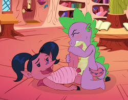 Size: 1836x1438 | Tagged: explicit, artist:tabloi, spike, american dragon, american dragon haley long, creampie, crossover, cum, disney, dragon, dragoness, duo, female, foalcon, g4, golden oaks library, haley long, imported from derpibooru, indoors, library, male, on floor, penetration, screencap background, sex, show accurate, show accurate porn, straight, vaginal, vaginal creampie, young