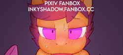 Size: 1467x660 | Tagged: questionable, artist:inkyshadow, scootaloo, advertisement, bedroom eyes, blowjob, blushing, cropped, cropped porn, fanbox, female, filly, foal, foalcon, g4, imported from derpibooru, oral, pegasus, pony, sex, solo, solo female, sweat, sweatdrop
