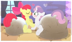 Size: 4096x2386 | Tagged: questionable, artist:fillyscoots42, apple bloom, sweetie belle, adorabloom, alternate version, arm grab, blushing, butt, cute, diaper, diaper belle, diaper bulge, diaper butt, diaper fetish, diaperbloom, diapered, diapered filly, diasweetes, duo, duo female, earth pony, eyes closed, female, fetish, filly, foal, foalcon, g4, heart, horn, imported from derpibooru, impossibly large diaper, indoors, kissing, lesbian, messy diaper, non-baby in diaper, pacifier, passepartout, pony, poofy diaper, poop, poopy diaper, room, scat, ship:sweetiebloom, shipping, smelly, smiling, stink lines, stinky diaper, surprised, unicorn, visible stench
