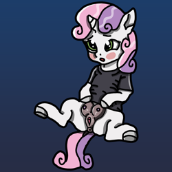 Size: 1024x1024 | Tagged: explicit, artist:background_pon3, sweetie belle, anatomically incorrect, anus, blushing, bottomless, butt, clitoris, clothes, crotchboobs, dark crotchboobs, dark genitals, female, filly, foal, foalcon, frontgina, g4, genitals, gradient background, hooves, horn, imported from derpibooru, nipples, nudity, partial nudity, ponut, pony, shirt, sitting, solo, solo female, teats, unicorn, vulva