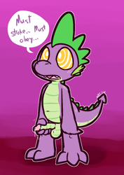Size: 756x1070 | Tagged: explicit, artist:ultilix, spike, dialogue, dragon, drool, drool string, foalcon, g4, gradient background, human penis, hypnosis, hypnotized, imported from derpibooru, masturbation, my little pony: friendship is magic, nudity, open mouth, penis, precum, precum string, solo, speech bubble, swirly eyes, wingless spike