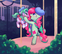 Size: 2340x2044 | Tagged: explicit, artist:sb66, age difference, ambiguous insertion, attack of the bunnisus, beret, bit gag, bondage, bondage furniture, bow, bridle, carousel, carousel bondage, coat markings, colored wings, cuffs, derpibooru exclusive, drool, drool string, earth pony, female, filly, foal, foalcon, g5, gag, hat, imported from derpibooru, lesbian, living object, mare, mare on filly, multicolored wings, my little pony: tell your tale, outdoors, pegasus, pony, scout kindheart, scoutward bound, seashell (g5), sex toy, ship:shellheart, socks (coat markings), stirrups, straps, suspended, tack, tail, tail bow, tail wrap, unshorn fetlocks, vibrator, wings