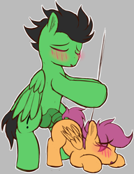 Size: 3965x5174 | Tagged: explicit, artist:frosthawkpone, scootaloo, oc, oc:anon stallion, age difference, ambiguous penetration, ass up, blushing, duo, duo male and female, face down ass up, female, filly, foal, foalcon, g4, genitals, horsecock, imported from derpibooru, male, nudity, pegasus, penetration, penis, pony, pony oc, pony on pony action, stallion, stallion on filly, straight