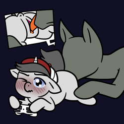 Size: 2000x2000 | Tagged: explicit, artist:vodkamewtwoni, oc, oc:two tone, age difference, anus, baseball cap, blushing, cap, close-up, cunnilingus, dark background, derpibooru exclusive, distracted sex, dualshock controller, earth pony, foal, foalcon, genitals, hat, horn, imported from derpibooru, lying down, male, male on trans male, nudity, oc only, one eye closed, oral, ponut, pony, pony on pony action, prone, sex, simple background, stallion, tongue out, trans male, transgender, unicorn, vulva