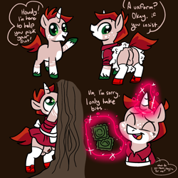Size: 2000x2000 | Tagged: explicit, artist:vodkamewtwoni, oc, oc:cherry picker, anus, balls, clothes, condom, crossdressing, derpibooru exclusive, dialogue, dress, eyes closed, foal, foalcon, genitals, horn, imported from derpibooru, looking at you, looking back, looking back at you, magic, magic aura, nudity, oc only, ponut, pony, sheath, shoes, simple background, socks, talking to viewer, telekinesis, tree, unicorn