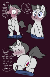 Size: 2021x3070 | Tagged: explicit, artist:vodkamewtwoni, oc, oc:two tone, accidental exposure, anus, blank flank, blue eyes, blush scribble, blushing, butt, clitoris, clothes, derpibooru exclusive, dialogue, dock, eyes closed, foal, foalcon, genitals, hips, hooves, horn, imported from derpibooru, looking at you, mane, nudity, oc only, pants, plot, ponut, pony, ponysona, shorts, simple background, smiling, smiling at you, solo, solo transgender, spread pussy, spreading, tail, talking to viewer, text, trans male, transgender, transgender oc, unicorn, unicorn oc, vulva