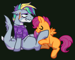 Size: 1965x1580 | Tagged: explicit, artist:vodkamewtwoni, scootaloo, oc, oc:keokeo nui, blank flank, blowjob, blushing, canon x oc, clothes, commission, derpibooru exclusive, diphallic, eyes closed, fangs, female, filly, fish tail, foal, foalcon, g4, genitals, hawaiian shirt, imported from derpibooru, lidded eyes, multidick, nudity, oral, original species, penis, pony, sex, shading, shark pony, shark tail, shipping, shirt, simple background, tail, wings, ych result