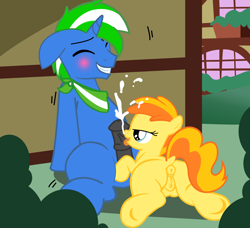 Size: 2500x2282 | Tagged: explicit, artist:succubi samus, oc, oc:steel spark, anus, blushing, canon x oc, cum, cum on hair, cumming, earth pony, eyes closed, female, filly, filly on stallion, foal, foalcon, foaldom, g4, genitals, horn, horsecock, imported from derpibooru, licking, licking cock, male, nudity, oral, orgasm, outdoor sex, outdoors, peachy pie, penis, ponut, pony, sex, shipping, show accurate, show accurate porn, stallion, tongue out, unicorn, vulva