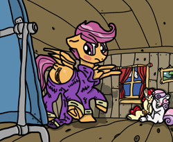 Size: 1249x1024 | Tagged: explicit, artist:background_pon3, apple bloom, scootaloo, sweetie belle, anus, blushing, butt, clitoris, clothes, cloud, clubhouse, crotchboobs, curtains, cutie mark crusaders, digital art, dress, ears, earth pony, embarrassed, facepalm, foal, foalcon, frog (hoof), g4, genitals, hooves, horn, imported from derpibooru, laughing, looking at each other, looking at someone, looking back, mirror, nails, nipples, nudity, orange eyes, pegasus, picture frame, ponut, pony, purple eyes, purple hair, purple mane, raised hoof, red mane, shading, shiny butt, sky, teats, underhoof, unicorn, unsure, vulva, window, wings, wood, wooden floor