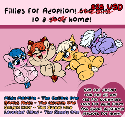 Size: 4000x3724 | Tagged: explicit, artist:gluttonace, oc, oc:bombs away, oc:golden hour, oc:lavender cloud, adoptable, anus, baby, baby pony, bat pony, earth pony, female, filly, foal, foalcon, genitals, group, horn, imported from derpibooru, nudity, oc only, pegasus, pony, unicorn, vulva