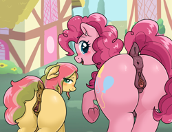 Size: 2689x2064 | Tagged: explicit, artist:sugar breeze, pinkie pie, oc, oc:sugar breeze, anatomically correct, anus, blank flank, blushing, canon x oc, clitoris, dark genitals, dock, duo, duo female, earth pony, female, filly, foal, foalcon, g4, genitals, heart clitoris, imported from derpibooru, lesbian, lidded eyes, looking at you, looking back, nudity, open mouth, outdoors, pegasus, ponut, pony, raised hoof, shipping, shy, tail, vulva, vulvar winking