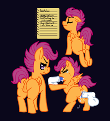 Size: 1098x1211 | Tagged: explicit, artist:vodkamewtwoni, scootaloo, series:foal files, anus, blowjob, blushing, butt, creampie, cum, cum in mouth, dark background, derpibooru exclusive, disembodied penis, dock, eyes closed, female, filly, foal, foalcon, frown, g4, genitals, group sex, imported from derpibooru, lined paper, looking at you, looking back, looking back at you, male, notepad, nudity, oral, oral creampie, pegasus, penetration, penis, plot, pony, rear view, scootabutt, sex, simple background, spitroast, straight, tail, teary eyes, thighs, threesome, tsundere, vaginal, vaginal creampie, vulva, writing