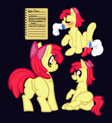 Size: 1098x1211 | Tagged: explicit, artist:vodkamewtwoni, apple bloom, series:foal files, anus, apple bloom's bow, bloom butt, blowjob, blushing, bow, butt, creampie, cum, cum in mouth, cum inflation, dark background, derpibooru exclusive, disembodied penis, earth pony, eyes closed, female, filly, foal, foalcon, g4, genitals, hair bow, imported from derpibooru, inflation, lined paper, looking at you, looking back, looking back at you, male, notepad, nudity, oral, oral creampie, penetration, penis, plot, pony, rear view, sex, simple background, smiling, smiling at you, spitroast, straight, thighs, threesome, vaginal, vaginal creampie, vulva, writing