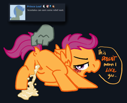 Size: 1040x844 | Tagged: explicit, artist:vodkamewtwoni, scootaloo, anus, blushing, derpibooru exclusive, desperation, disembodied hand, dock, female, female focus, fetish, filly, foal, foalcon, g4, genitals, hand, imported from derpibooru, looking at you, looking back, looking back at you, need to pee, nudity, omorashi, peeing on the floor, pegasus, pissing, pony, potty emergency, potty time, raised tail, solo focus, spread wings, tail, urine, vulva, watersports, wings