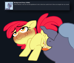 Size: 1188x1018 | Tagged: explicit, artist:vodkamewtwoni, apple bloom, ambiguous gender, blushing, derpibooru exclusive, desperation, dock, earth pony, female, fetish, filly, foal, foalcon, g4, imported from derpibooru, looking up, need to pee, nudity, omorashi, piss drinking, pissing, pony, potty emergency, potty time, raised tail, rear view, tail, tongue out, urine, watersports
