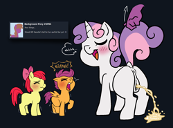 Size: 1858x1376 | Tagged: explicit, artist:vodkamewtwoni, apple bloom, scootaloo, sweetie belle, anus, blank flank, blushing, cutie mark crusaders, derpibooru exclusive, desperation, dialogue, disembodied hand, dock, earth pony, eyes closed, female, filly, foal, foalcon, g4, genitals, hand, horn, imported from derpibooru, need to pee, nudity, omorashi, open mouth, pegasus, pissing, pony, potty dance, potty emergency, potty time, raised tail, rear view, smiling, speech bubble, tail, unicorn, urine, vulva, wings, yelling