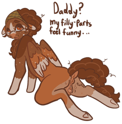 Size: 751x765 | Tagged: explicit, artist:shamefulsinsigh, oc, oc:cinnamon, anatomically correct, anus, bedroom eyes, butt, clitoris, clothes, dialogue, dock, estrus, female, filly, filly oc, foal, foalcon, freckles, headscarf, imminent incest, implied incest, imported from derpibooru, looking at you, looking back, looking back at you, nudity, oc only, onomatopoeia, open mouth, pegasus, pegasus oc, plot, ponut, pony, scarf, simple background, solo, solo female, sound effects, tail, transparent background, twitching vulva, underhoof, vulva, vulvar winking, wings