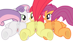 Size: 6000x3500 | Tagged: explicit, artist:maseru, apple bloom, scootaloo, sweetie belle, all fours, anatomically correct, anus, blank flank, bloom butt, blushing, booty mark crusaders, butt, butt to butt, butt touch, clitoris, cute, cute porn, cutie mark crusaders, earth pony, female, females only, filly, foal, foalcon, g4, genitals, green eyes, hooves, horn, imported from derpibooru, line-up, male, nudity, orange eyes, orange fur, pegasus, plot, plotline, ponut, pony, presenting, presenting anus, presenting butt, presenting pussy, purple eyes, purple hair, purple mane, raised tail, red hair, red mane, scootabutt, show accurate, show accurate porn, simple background, straight, sweetie butt, tail, tongue out, trio, trio female, unicorn, vulva, vulvar winking, white background, white fur, yellow fur, young