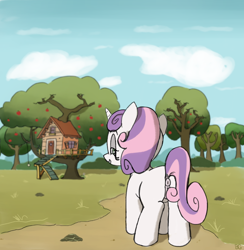 Size: 1252x1282 | Tagged: explicit, artist:bobblygobbly, sweetie belle, anus, apple, apple tree, butt, clubhouse, covering, covering crotch, crusaders clubhouse, dock, female, filly, foal, foalcon, g4, genitals, horn, imported from derpibooru, looking at you, looking back, looking back at you, nudity, outdoors, plot, ponut, pony, pussy peek, smiling, smiling at you, solo, solo female, sweetie butt, tail, tree, treehouse, unicorn, vulva