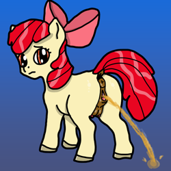 Size: 1024x1024 | Tagged: explicit, artist:background_pon3, apple bloom, alternate version, anus, bow, butt, clitoris, crotchboobs, dark crotchboobs, dark genitals, earth pony, female, fetish, filly, foal, foalcon, g4, genitals, gradient background, hair bow, imported from derpibooru, nipples, nudity, pissing, pony, solo, solo female, teats, urine, vulva