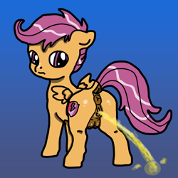 Size: 1024x1024 | Tagged: explicit, artist:background_pon3, scootaloo, alternate version, anus, butt, clitoris, crotchboobs, dark crotchboobs, dark genitals, female, fetish, filly, foal, foalcon, g4, genitals, gradient background, imported from derpibooru, looking at you, nipples, nudity, pegasus, pissing, pony, solo, solo female, teats, urine, vulva, watersports, wings
