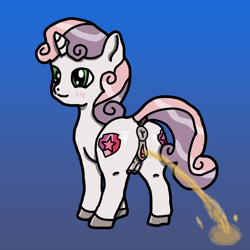 Size: 1024x1024 | Tagged: explicit, artist:background_pon3, sweetie belle, alternate version, anus, blushing, butt, crotchboobs, female, filly, foal, foalcon, g4, genitals, gradient background, horn, imported from derpibooru, nipples, nudity, pissing, pony, shading, solo, solo female, teats, unicorn, urine, vulva